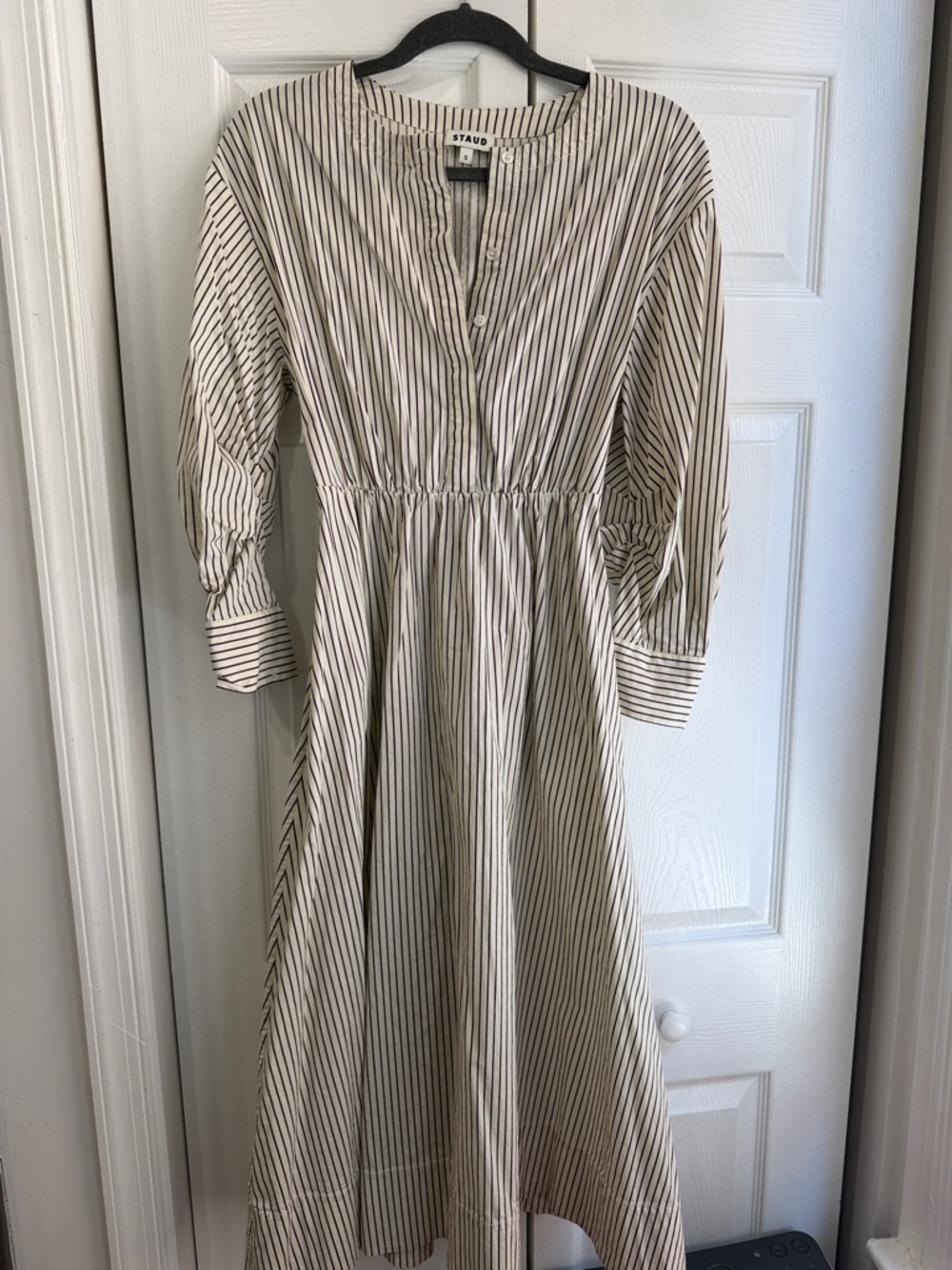 STAUD Cream and Black Striped Maxi Dress